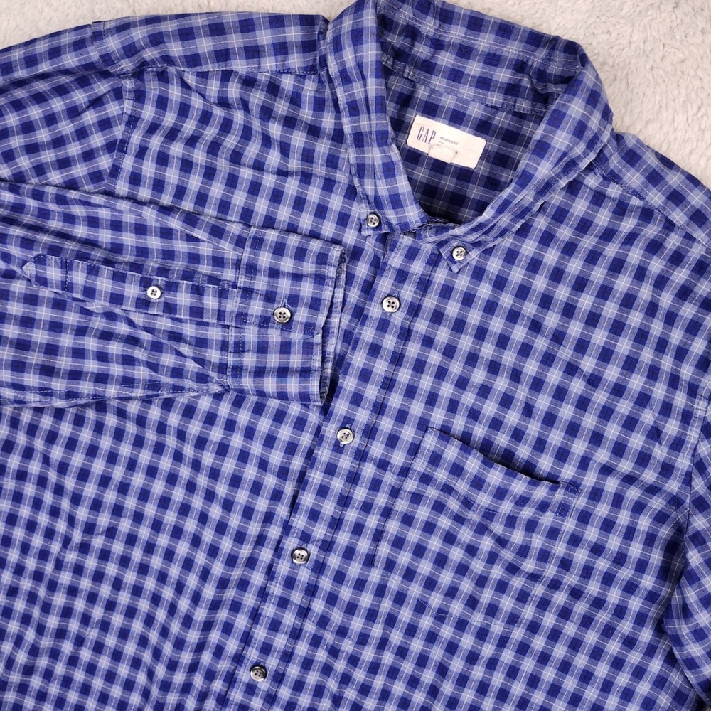 GAP Button Down Shirt Mens Large Blue Tonal Plaid Stretch Poplin Standard Fit